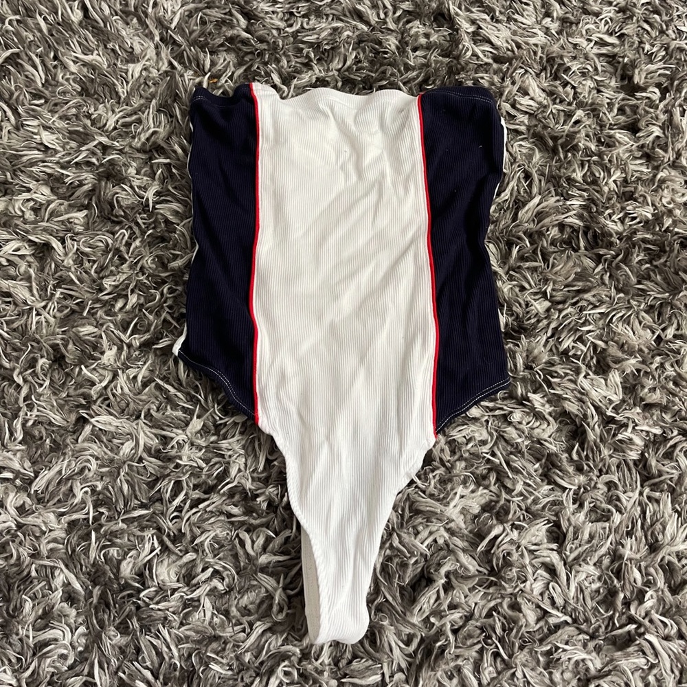 Red white and blue tube top body suit
